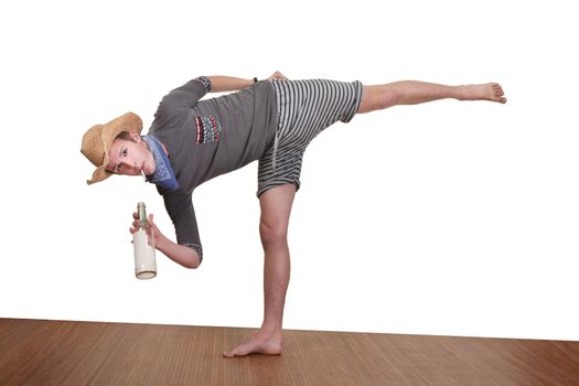 Young man smokes while exercising over white background