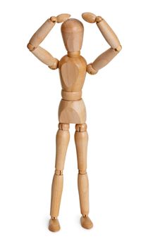 The wooden toy person isolated on a white background
