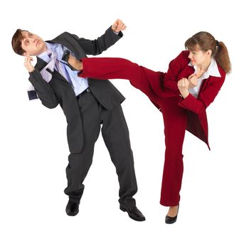 The young woman kicks the man in a business suit