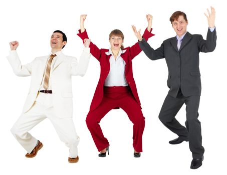 General triumph of a happy command of businessmen on a white background