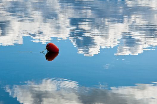 reflection of the blue sky and clouds in the calm water of a lake with a buoy flaoting in the middle