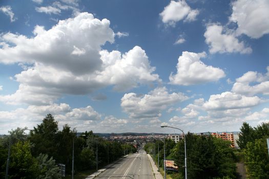 Road between trees and cloudy sky above