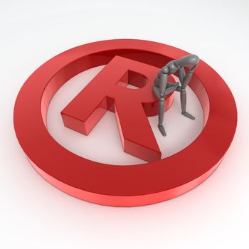 red shiny and glossy registered trademark sign laying on a white ground - a person in grey is sitting on it thinking and wondering