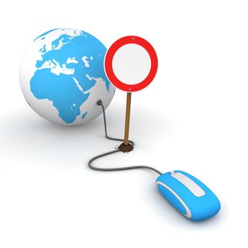 blue computer mouse is connected to a blue globe - surfing and browsing is blocked by a red-white no passing sign that cuts the cable