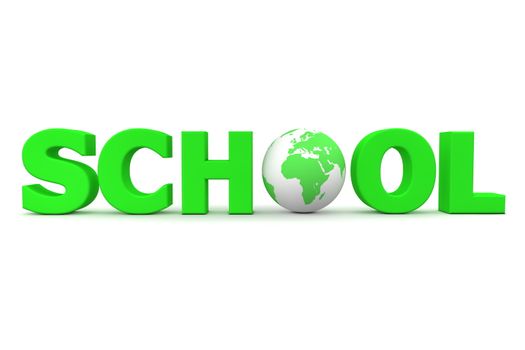 green word SCHOOL with a 3D globe replacing letter O