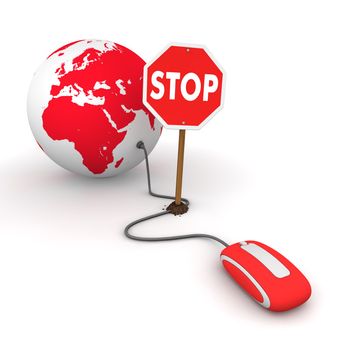 red computer mouse is connected to a red globe - surfing and browsing is blocked by a stop sign that cuts the cable