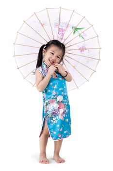 Little oriental girl in traditional Chinese dress cheongsam with umbrella