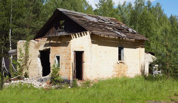 Ruins of the ancient rural house against wood