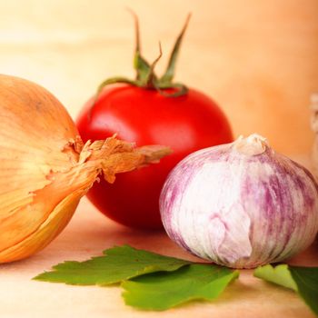 tomatoes and garlic in kitchen on wood with copyspace