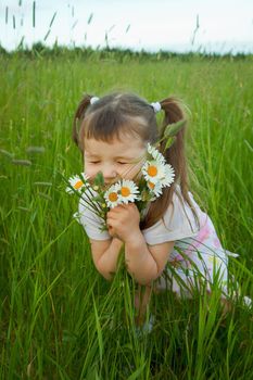 The little girl embraces wild flowers - chamomiles