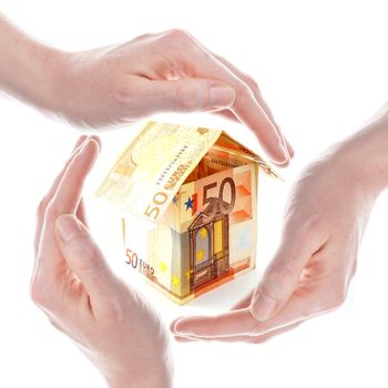real estate or house insurance concept with hands and euro money