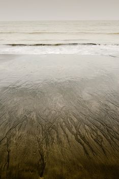 Landscape of yellow beach with beautiful texture in bad weather.