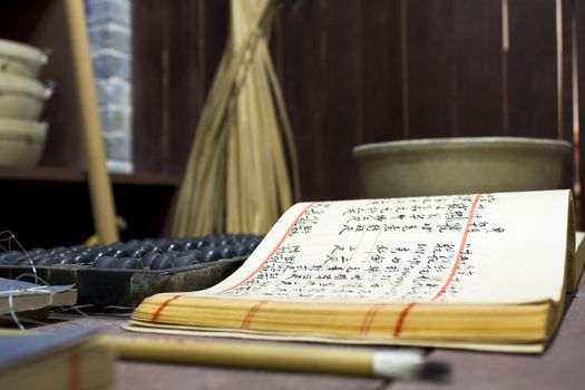 close up of chinese old shop foucs on the table