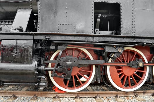 Detail of ancient steam train locomotive vehicle