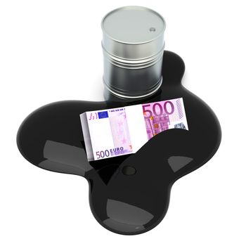 Euros and oil. 3D rendered Illustration. Isolated on white.