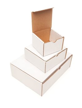 Stack of Blank White Cardboard Boxes, Top Opened, Isolated on a White Background.