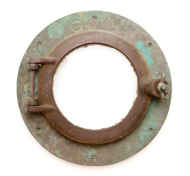 Aged Antique Ship Porthole Isolated on a White Background with Clipping Path -Inner and Outer.