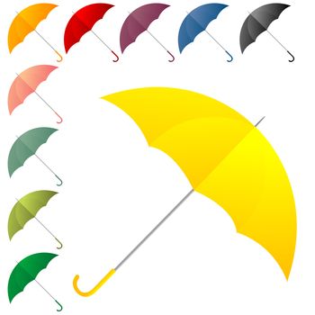 Open umbrellas in colors over white