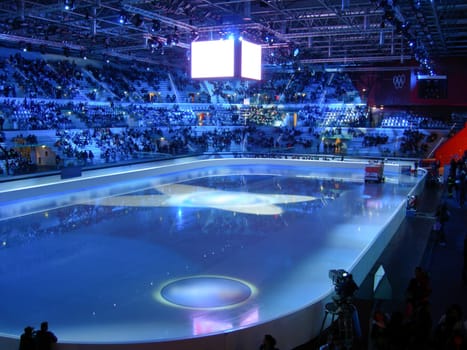 Turin palasport sport arena with blue lights reflecting in the pool