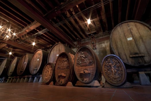 A row of very old historic wine barrels