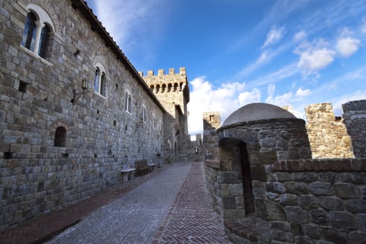 The interior walkway around a castle walls