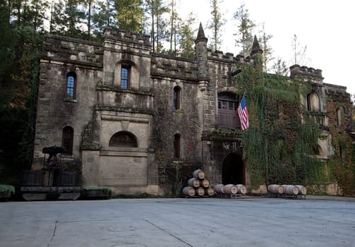 An old estate covered in vines and the United States flag