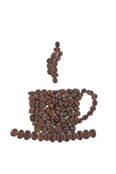 Cup of coffee made of coffee beans, isolated on white