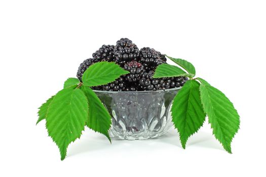 Fresh blackberries in glass bowl with green leaves isolated on white