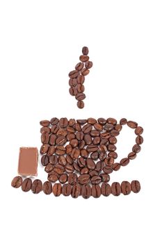 Cup of coffee made of coffee beans with piece of chocolate, isolated on white