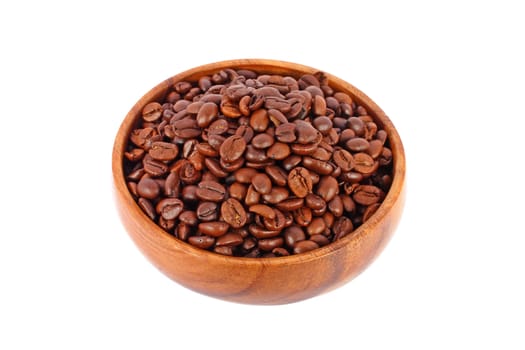 Coffee beans in wooden bowl isolated on white