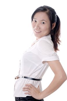 A young sassy asian business woman with white blouse isolated