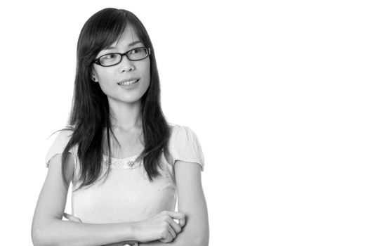 Curious woman with hands crossed in black and white isolated