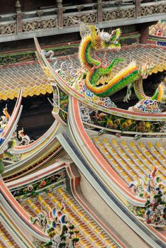 Chinese temple roof with carving of dragon.