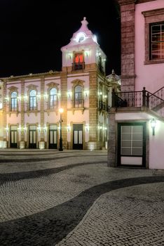 Macao street in night, cityscape with beautiful buildings in Macau, China.