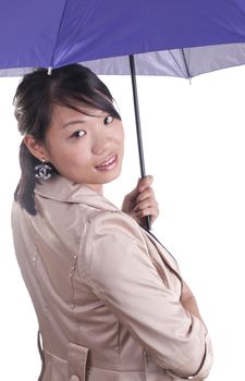 Asian business  woman holding purple umbrella isolated