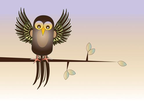 A Hand drawn Illustration of a stylized bird of paradise with feathered wings perched on the branch of a tree, set on a graduated background. 