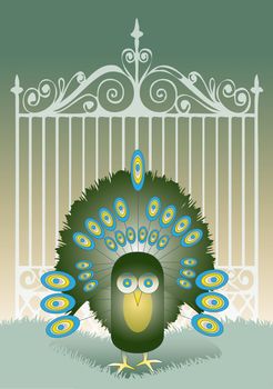 A Hand drawn Illustration of stylized peacock with ornate feathers set in front of a pair of ornate gates. Peacock representative of guarding a property.