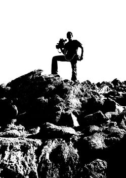 cameraman black silhouette standing on rocky hill outdoor