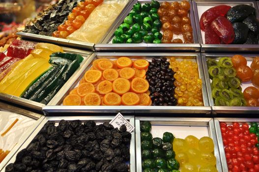 Candy and Fruit for Sale on Display in Barcelona Spain