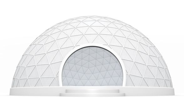 Empty exhibition / trade event tent against a white background. 3D rendered image.
