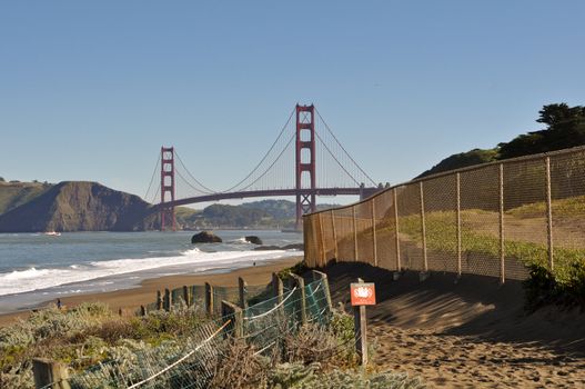 Golden Gate Bridge Blue Sky and  Baker Beach Trail Head