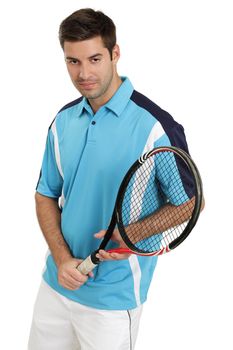 Photo of an attractive male tennis player holding his racket.