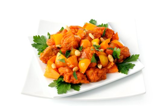  Pork in batter with pineapple and bell pepper in sweet and sour sauce with peanuts