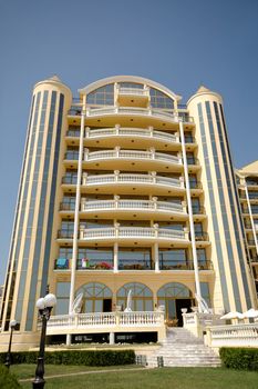 Hotel balconies and clear blue sky