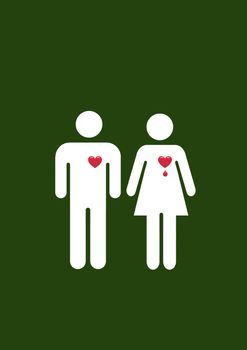 Icons representing a male and female figure with a red heart to each. The female has a bleeding heart. Set in white on a dark green background.