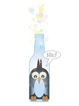 A Hand drawn Illustration of a stylized penguin trapped inside a clear blue glass bottle, with fizzy bubbles emerging from the top of the bottle. Set on a white isolated background.