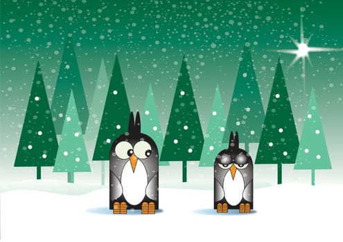 A Hand drawn Illustration of two stylized penguin birds set on a snowy background in front of green trees.