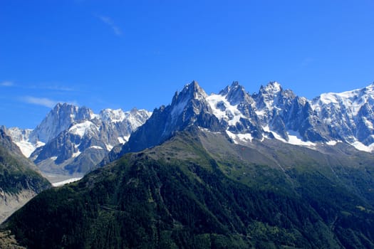 View of the Mont-Blanc massif mountain upon Chamonix, France