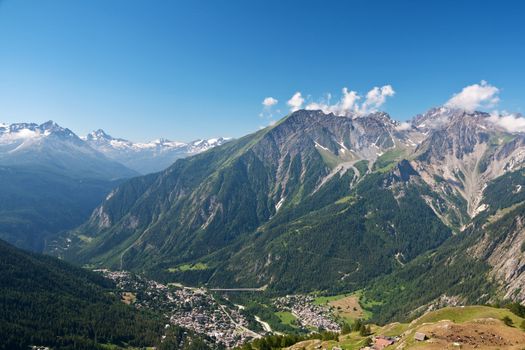 aerial view of Courmayeur, famous little town in Aosta Valley