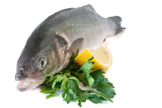 Sea bass with lemon and parsley isolated on white background